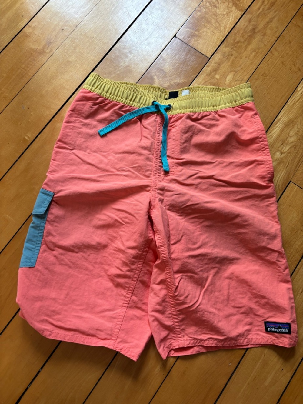Patagonia Boys Coral Swim Trunks with Yellow Waistband